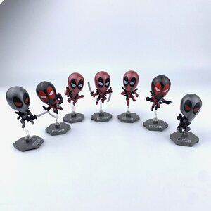 Marvel Deadpool Minis Bobble Heads Blip Toys With 6 Stands - Lot Of 7